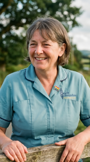 A woman in a North Shropshire Homecare uniform outdoors, smiling, with trees and a fence behind her.