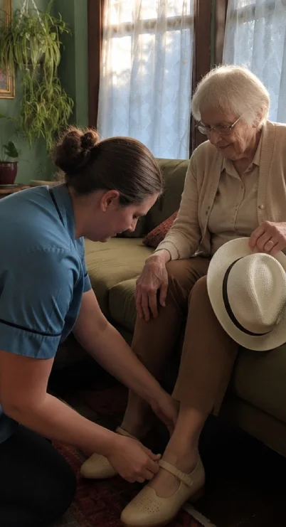 A young woman in blue adjusting the shoe of an elderly woman with white hair sitting on a couch. The elderly woman is holding a hat, and there is a plant and curtains in the background.