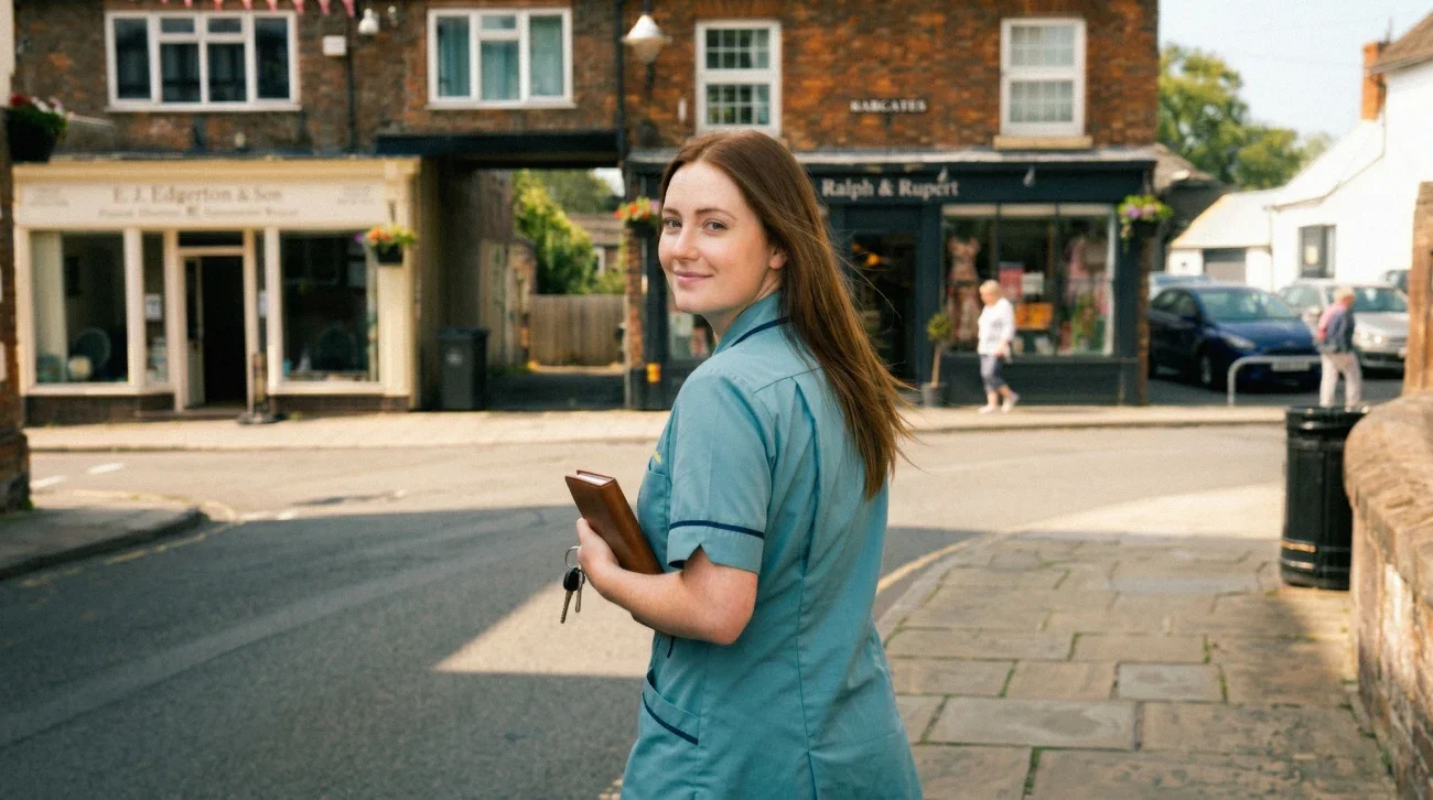 A young woman in scrubs holding a wallet, standing on a sidewalk in a small town, with shops and other pedestrians in the background.