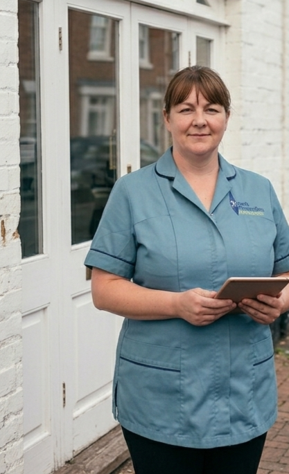 A woman in a light blue uniform holding a tablet, standing outside near a white door with glass panes.
