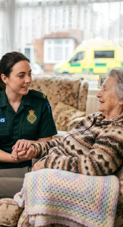 A young woman in a green uniform holding hands and smiling with an elderly woman in a patterned shawl, sitting on a floral armchair indoors with a window and an ambulance visible outside.