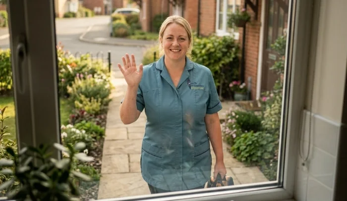 A woman in a teal uniform standing outside and waving through a glass door.