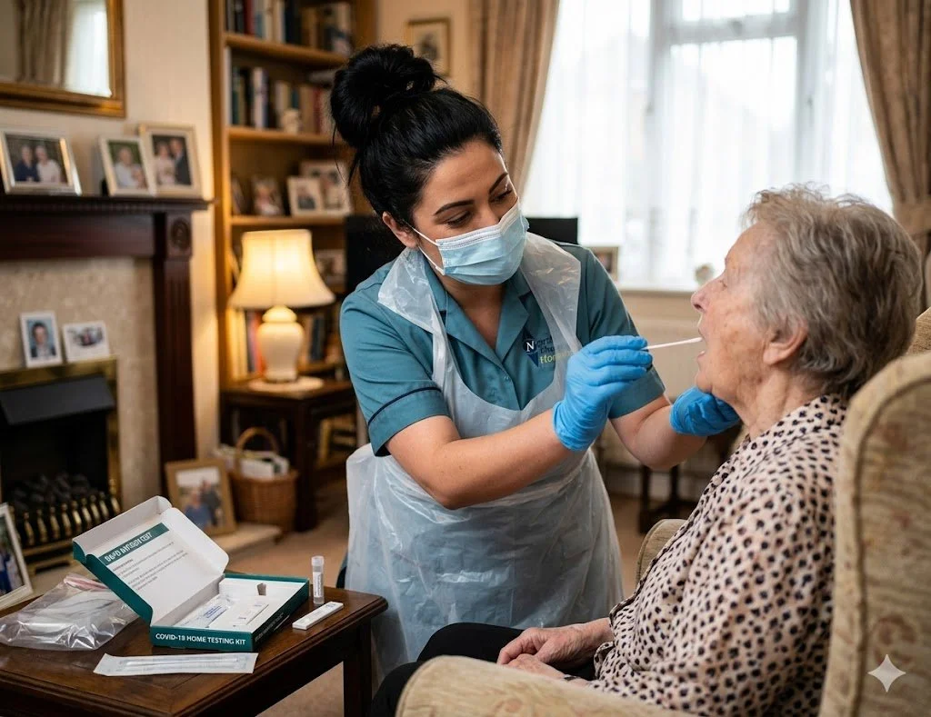 A healthcare worker wearing a mask, gloves, and a teal uniform administering a COVID-19 test to an elderly woman sitting in a beige armchair in a cozy living room.