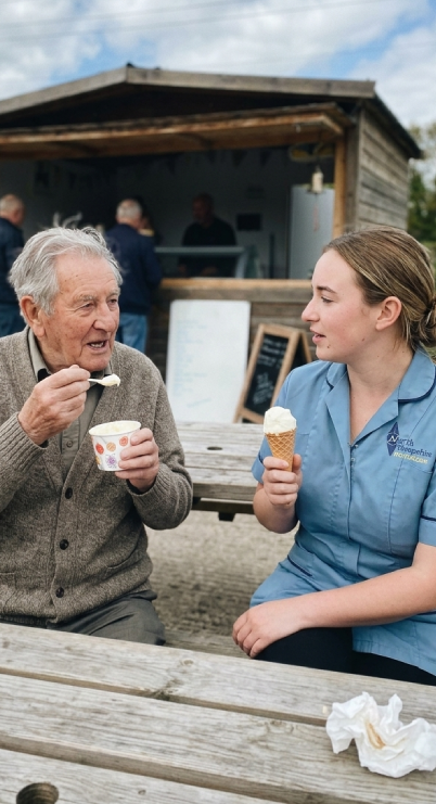 An elderly man and a young woman in a blue uniform eating ice cream together at an outdoor picnic table with a small wooden food stand in the background.