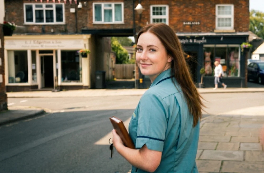 A young woman in a blue uniform holding a brown wallet or phone case, standing on a street in front of shops and a brick building, smiling and looking over her shoulder.