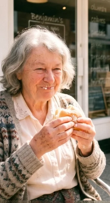 An elderly woman with gray hair smiling while holding a sandwich.