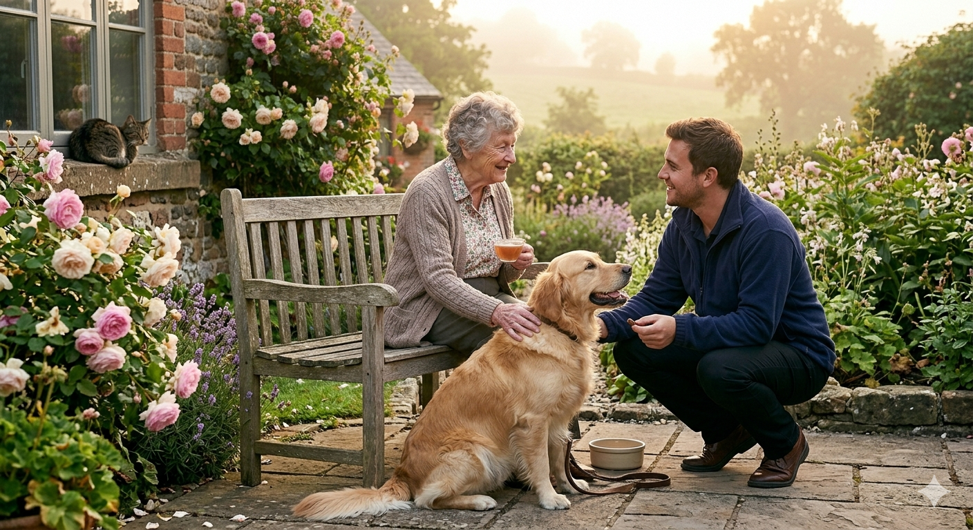 An elderly woman and a young man spending time together in a garden with blooming flowers, and a tired-looking cat lying on a windowsill. The elderly woman is sitting on a wooden bench holding a cup, while the young man is crouched down holding a golden retriever's collar. The scene is sunny with a scenic countryside background.