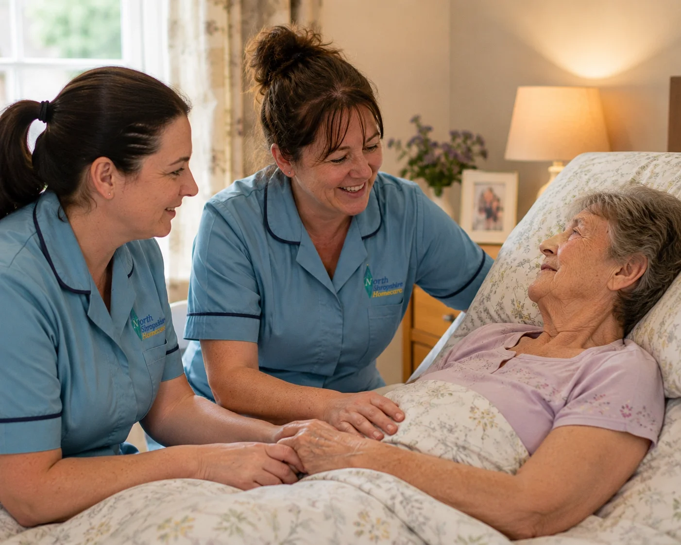 Two caregivers visiting an elderly woman in bed, smiling and holding her hand, in a cozy bedroom.