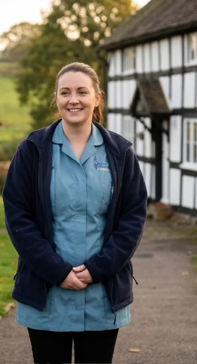 A woman standing outdoors in front of a traditional black and white half-timbered house, smiling, wearing a blue uniform and a dark jacket.