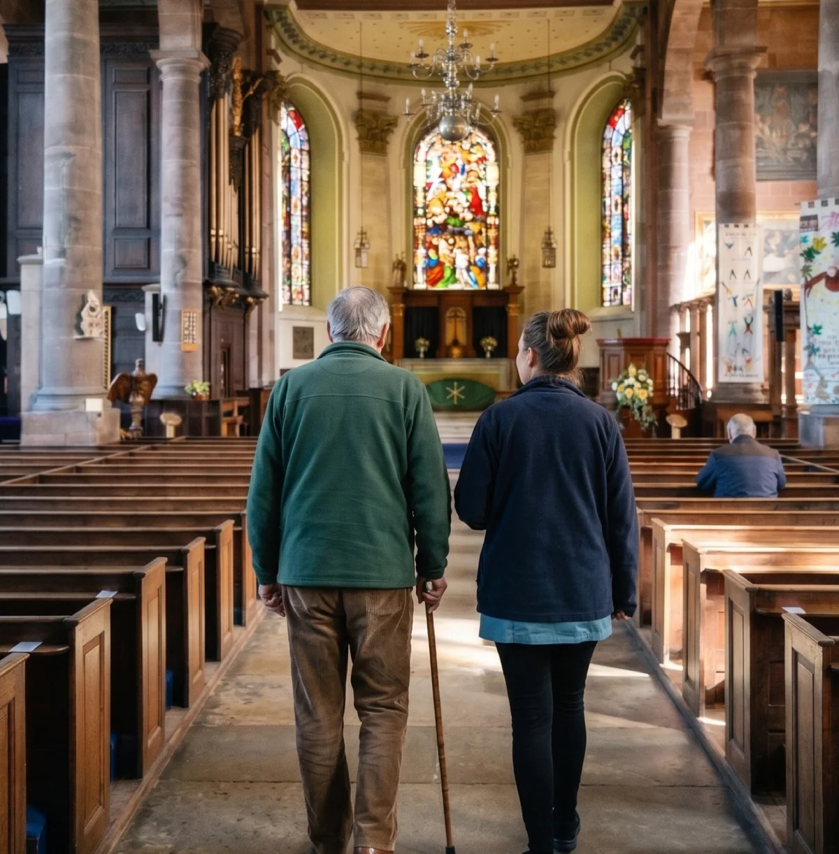 An elderly man with a cane and a young woman walking together inside a church. The church has wooden pews, stained glass windows, and an altar at the front with religious artwork.