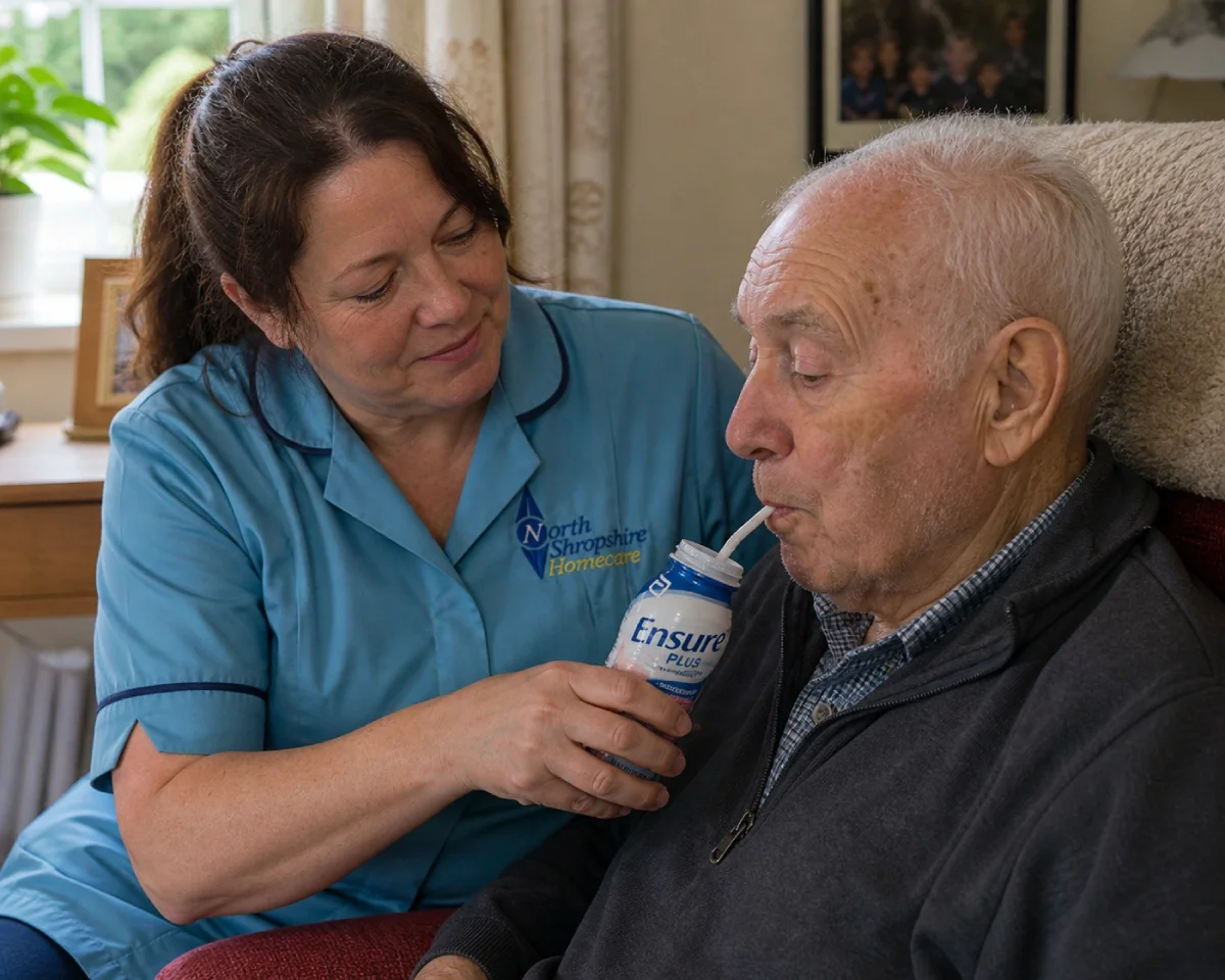 A caregiver in a blue uniform helping an elderly man drink from a container with a straw.