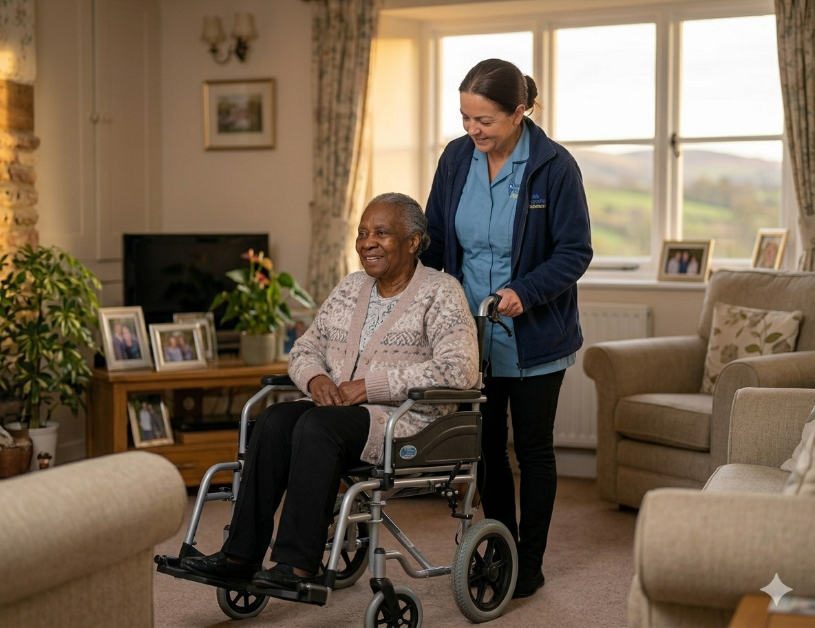 A smiling elderly woman in a wheelchair being pushed by a female caregiver in a cozy living room with large windows, framed photos, and indoor plants.