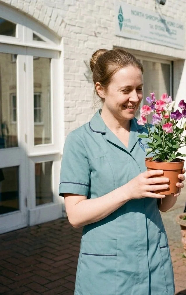 A woman in a light blue uniform holding a terracotta pot with pink and purple flowers outside a building with white brick walls.