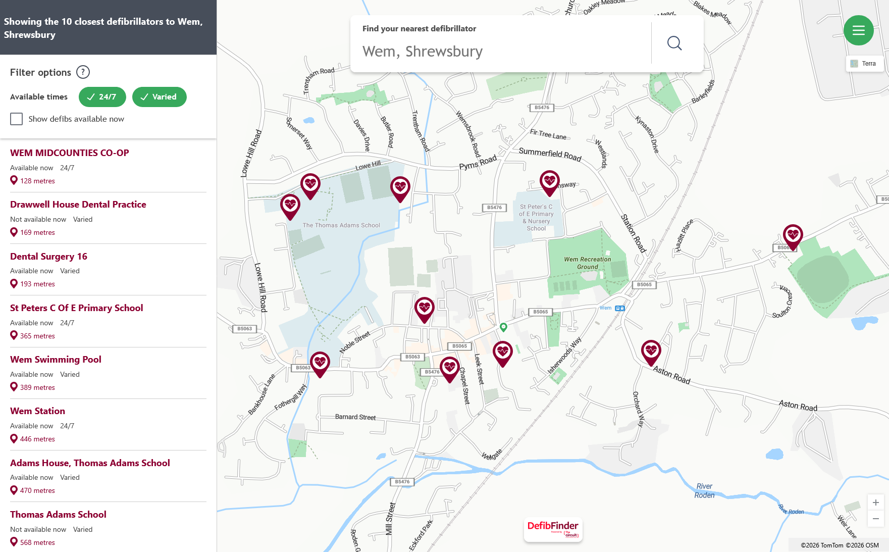 Map graphic showing the current registered defibrillator locations in and around the Wem area