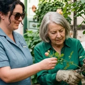Two women gardening together, one older with gray hair and gloves, the other younger with dark hair and sunglasses, in a lush green outdoor setting.