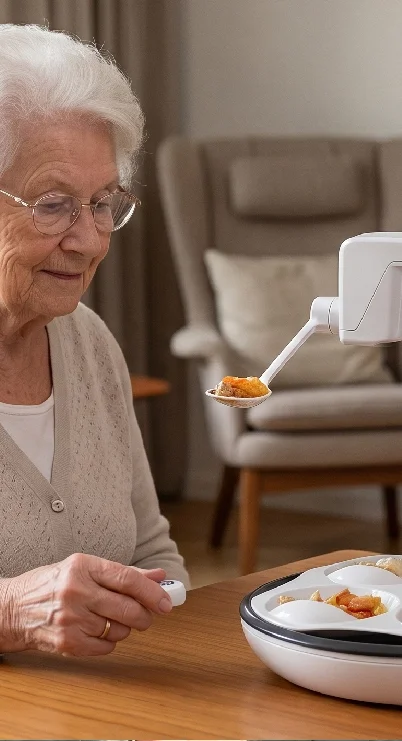 An elderly woman with white hair and glasses is using a robotic spoon to feed herself from a plate with sections of food, in a cozy room with a beige armchair in the background.