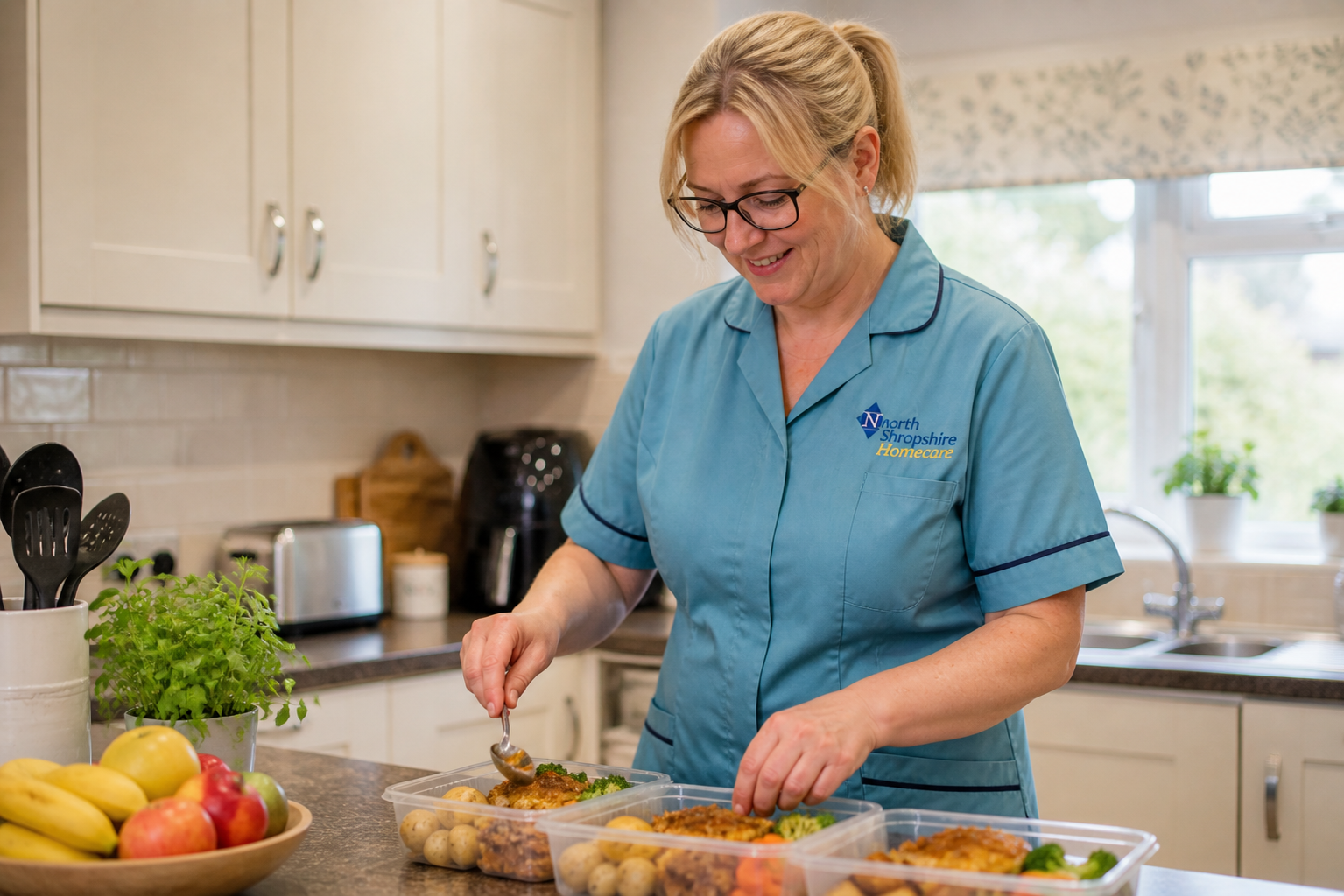 A woman in a light blue uniform with North Shropshire Homecare logo preparing and packing meals in a kitchen.