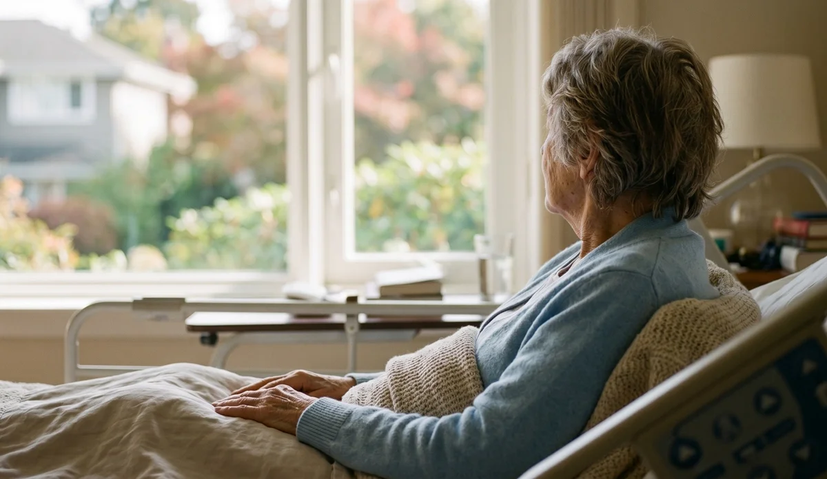 An elderly woman sitting in bed, looking out a window with a peaceful garden view.