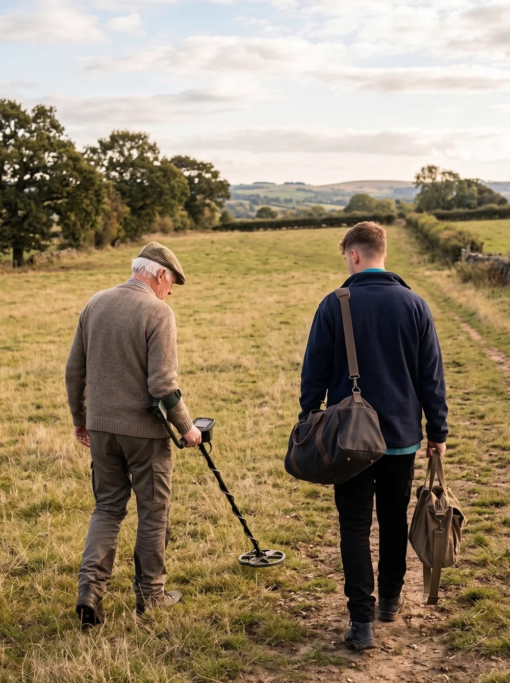 An elderly man and a young man walking outdoors, with the elderly man using a metal detector.