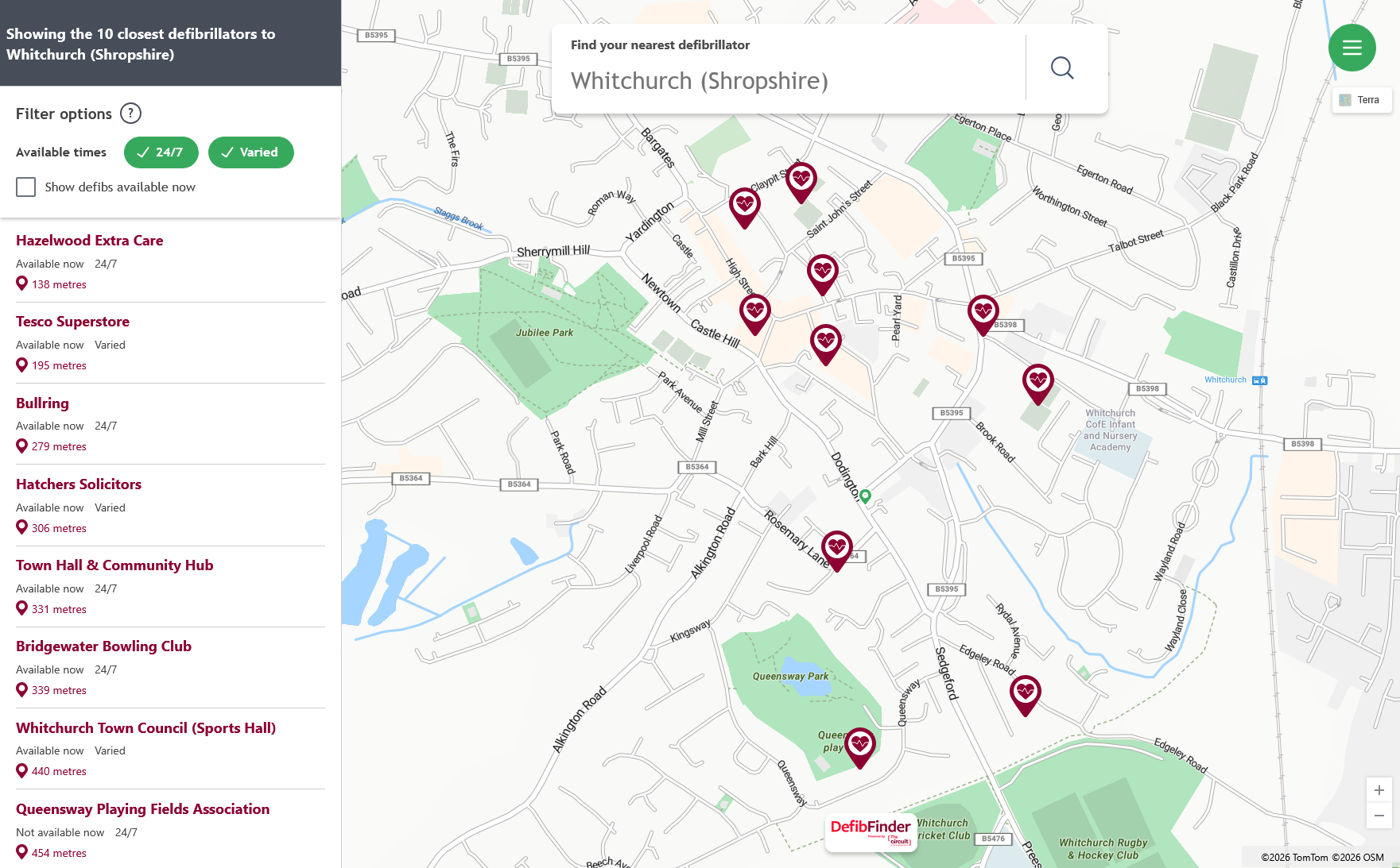 Map graphic showing the current registered defibrillator locations in and around Whitchurch town centre.