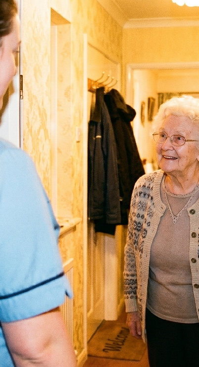 An elderly woman with white hair and glasses smiling and talking to a person wearing a light blue shirt in a hallway with yellow patterned wallpaper and coat hooks.