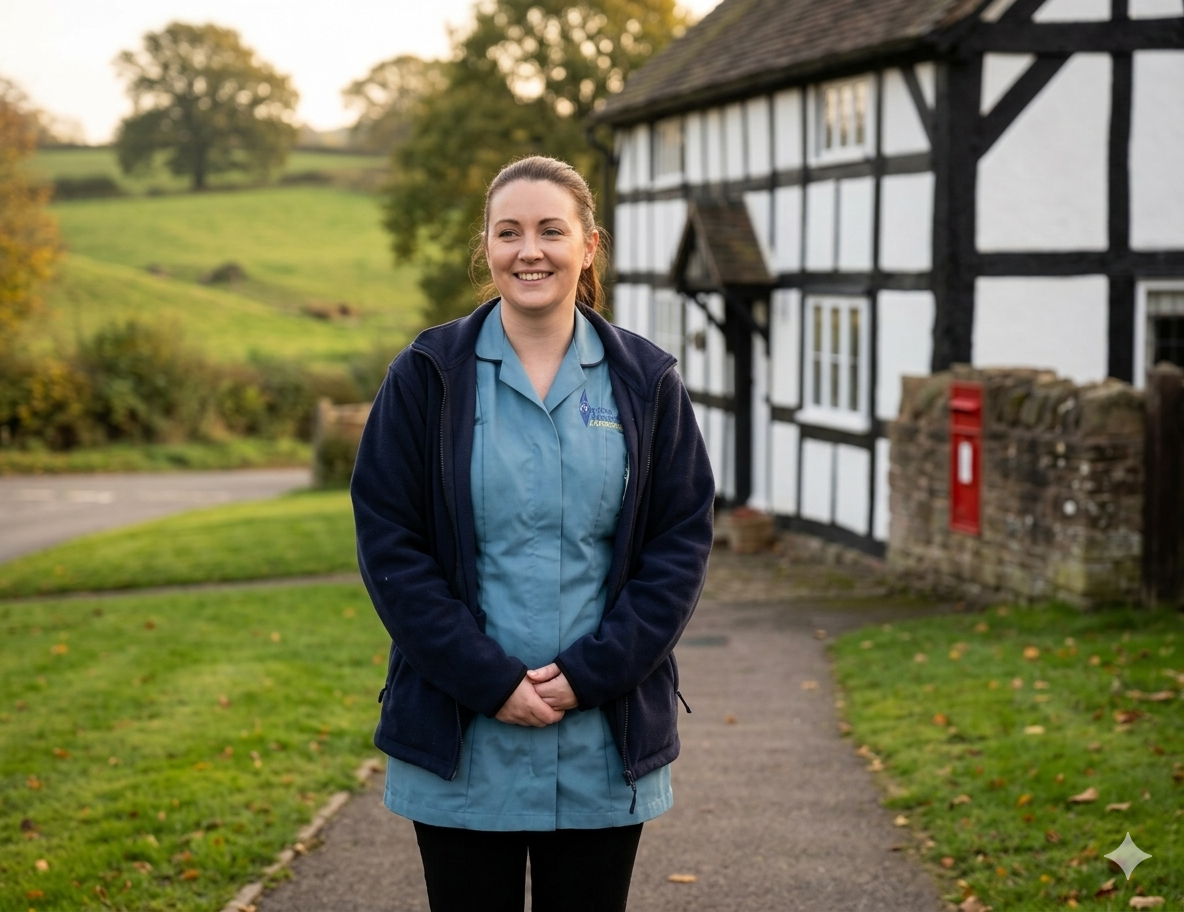 A smiling woman wearing a blue uniform standing on a sidewalk with grass on either side, in front of a black and white tudor-style house, with trees and rolling hills in the background.