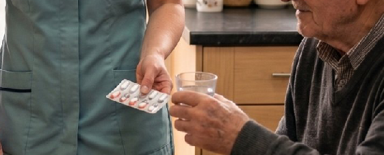 A person in green scrubs handing a blister pack of pills to an elderly man holding a glass of water in a kitchen.