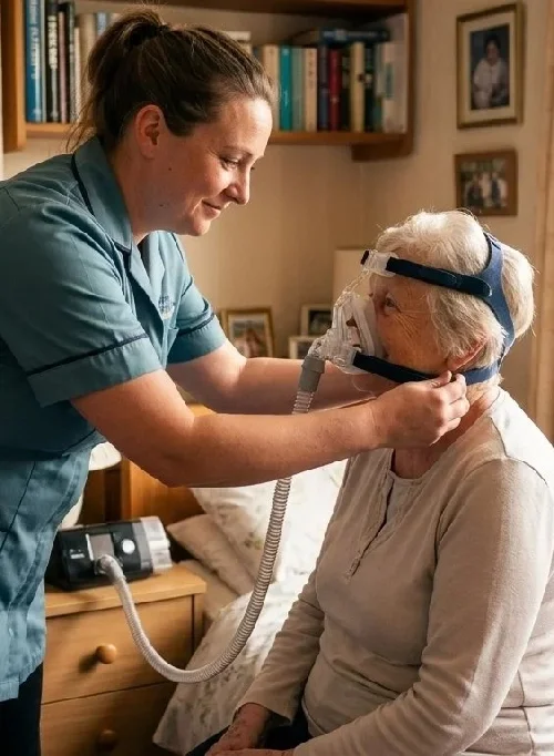 A caregiver helping an elderly woman with a CPAP mask in a cozy bedroom setting.