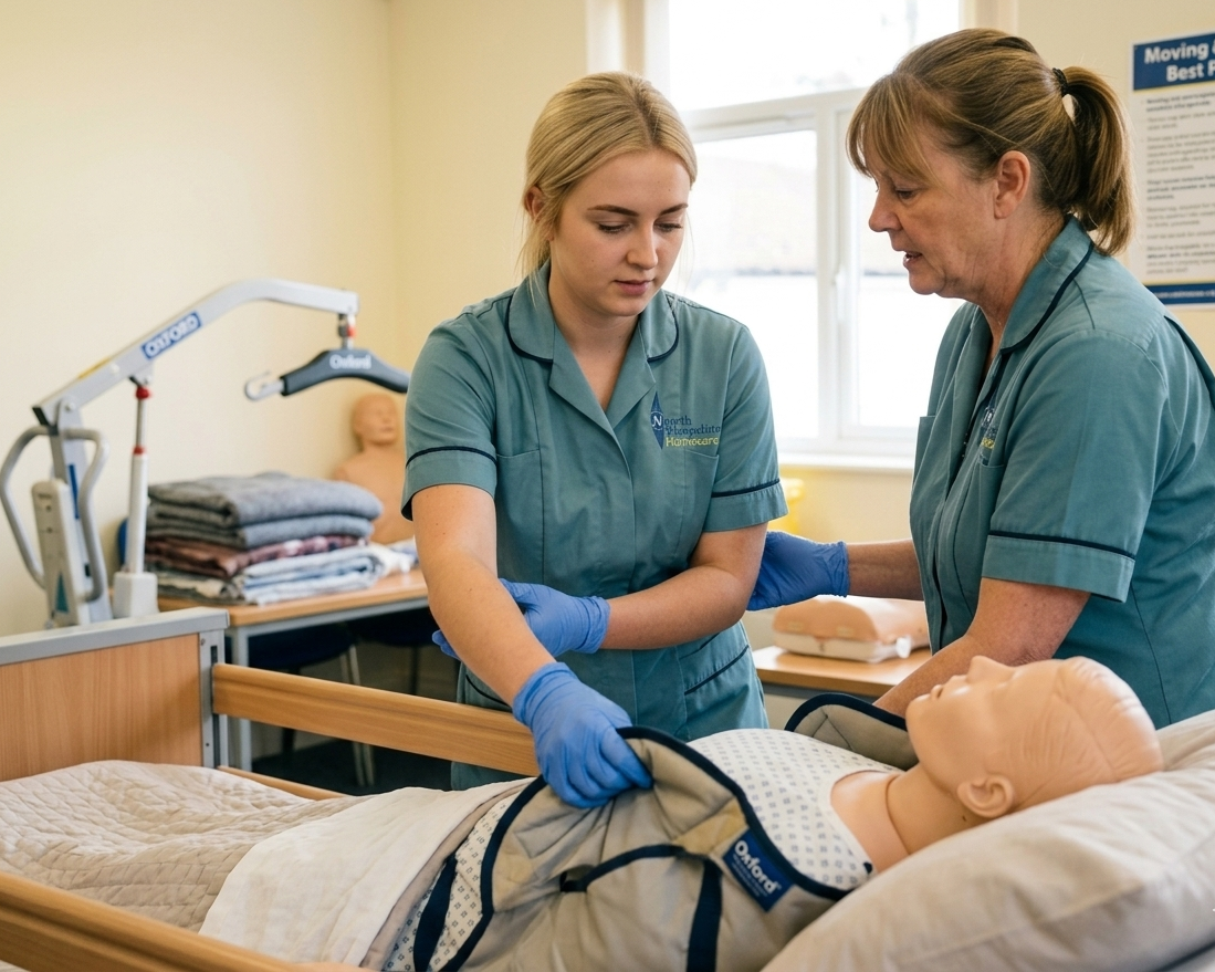 Two nurses attending to a medical training mannequin in a hospital room.
