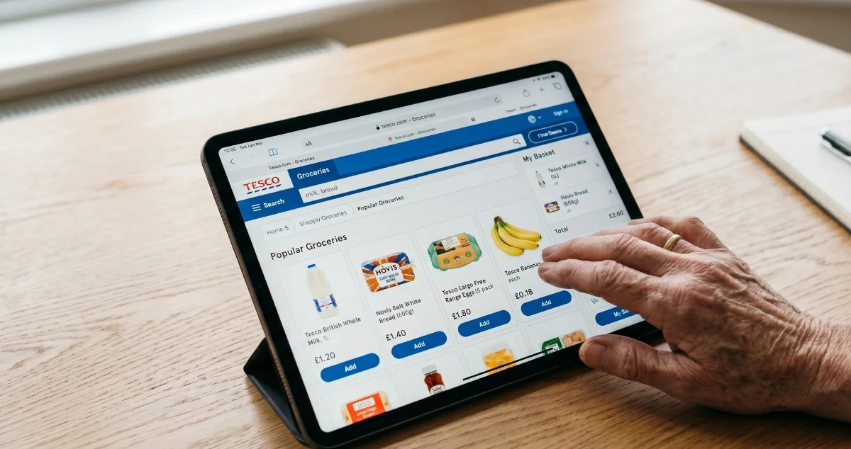A hand is using a tablet to browse Tesco's grocery online shop, displaying bananas, bread, and milk among the popular groceries.