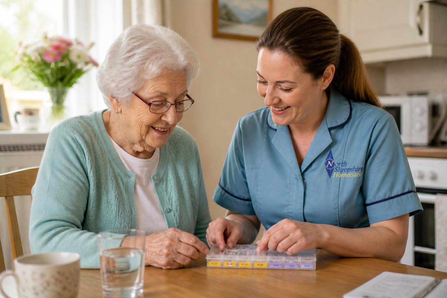 A female healthcare worker showing medication pill organizers to an elderly woman at a kitchen table with a cup and glass of water.