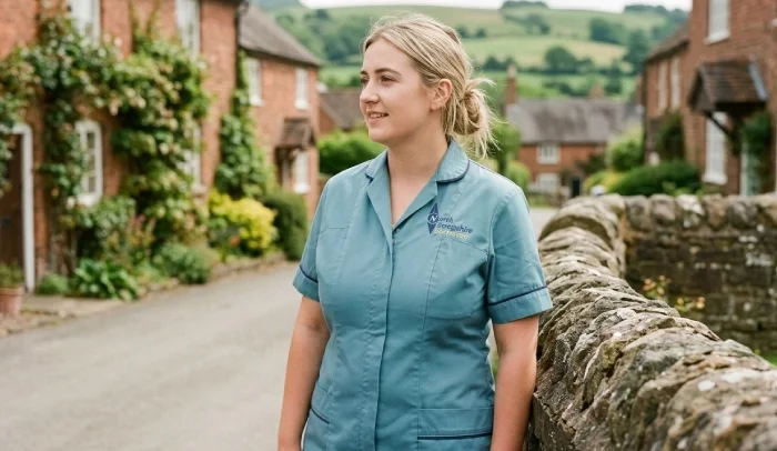 A young woman in a blue work uniform standing outdoors on a village street with brick houses and greenery.
