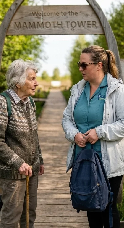 Two women, one elderly with gray hair and a walking cane, and one younger with sunglasses, standing and talking under a wooden arch that reads "Welcome to the Mammoth Tower" in a park or zoo setting.