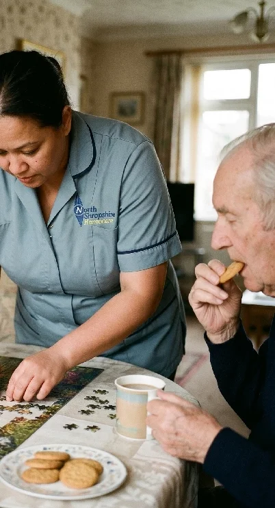 A caregiver in a blue uniform assisting an elderly man with a puzzle at a table, with cookies and a cup of tea nearby, in a cozy home setting.