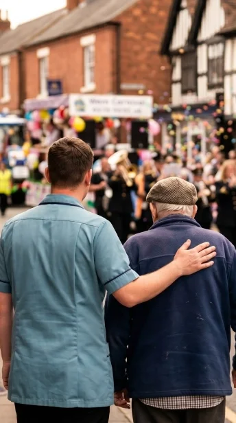 Two men walking together at an outdoor event or festival, with one having his arm around the other's shoulder, in front of a crowd and a booth with balloons.
