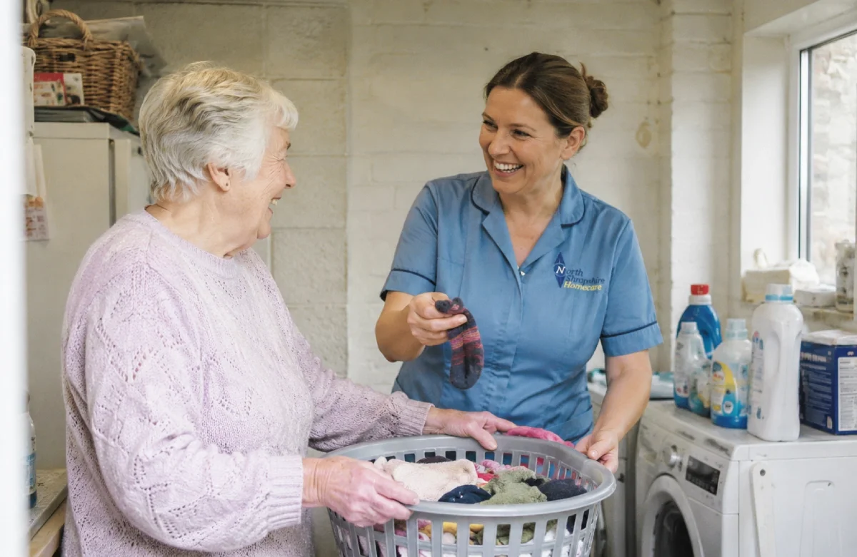 A caregiver and an elderly woman doing laundry together in a laundry room.