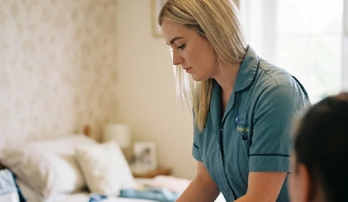 A woman in medical scrubs attends to a patient in a home setting, with a bed and pillows in the background.