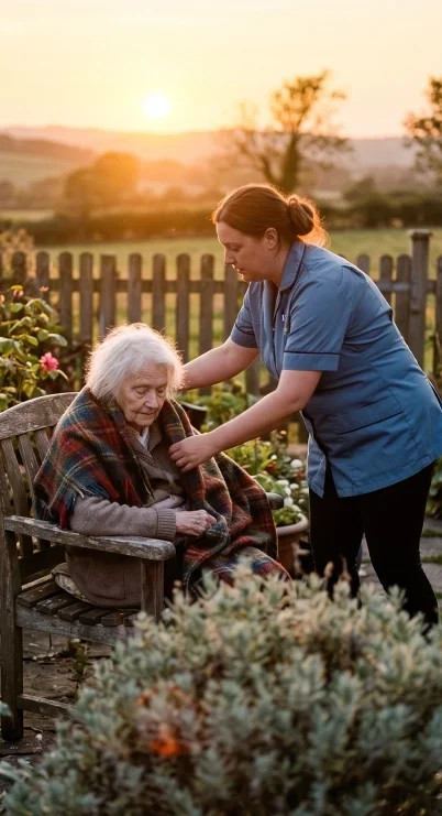 A caregiver attends an elderly woman sitting on a wooden bench in a garden during sunset. The elderly woman is wrapped in a blanket, and the caregiver is gently adjusting her clothing, showing care and compassion.