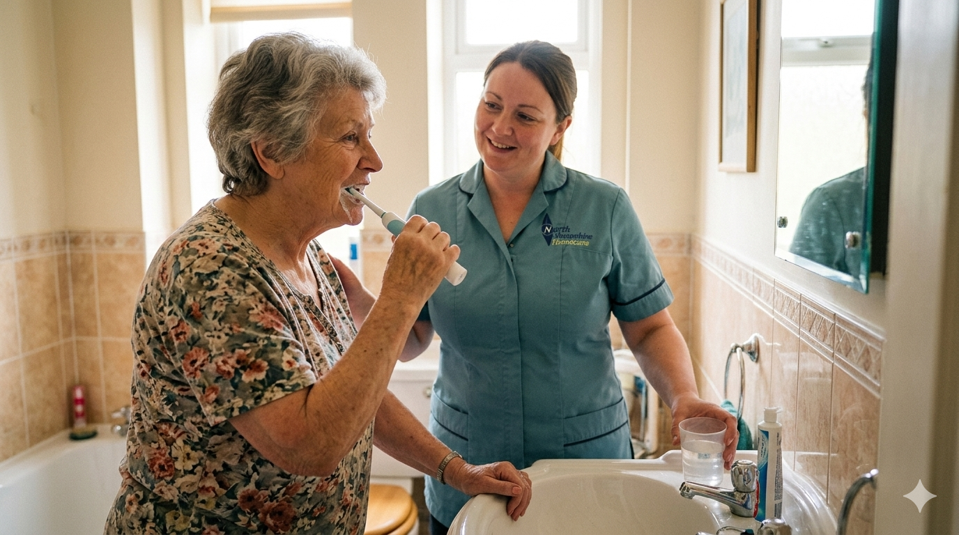 A woman in a floral shirt brushing her teeth with a toothbrush, guided by a nurse or caregiver in a blue uniform, in a bathroom with beige tiles and a mirror.
