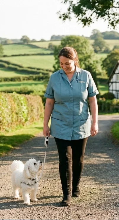 Woman walking a white dog on a rural path with green fields and trees in the background.
