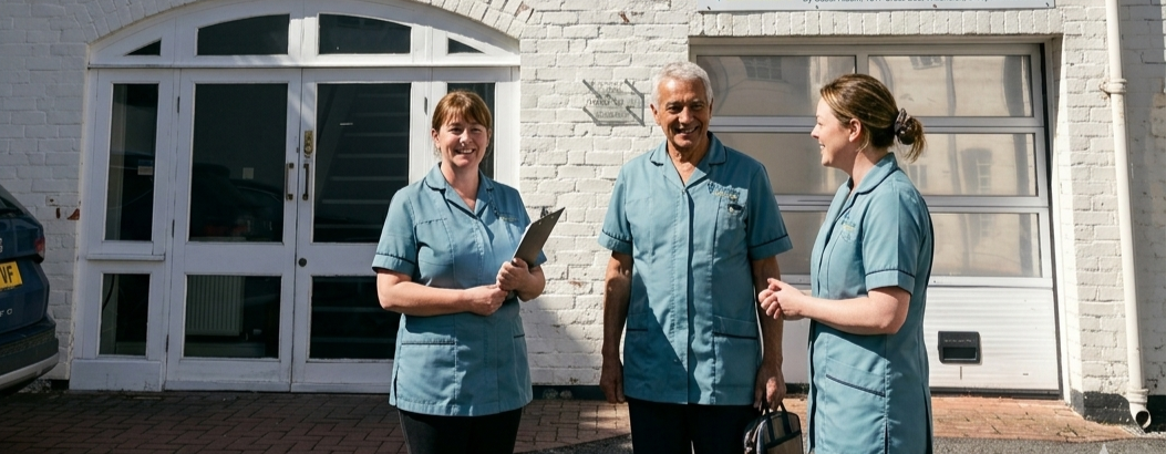 Three healthcare workers stand outside a white brick building and talk, two women and one man, all in light blue medical uniforms.
