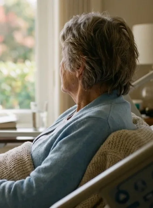 An elderly woman sitting in a chair, looking out a window with sunlight coming through, in a cozy home setting.