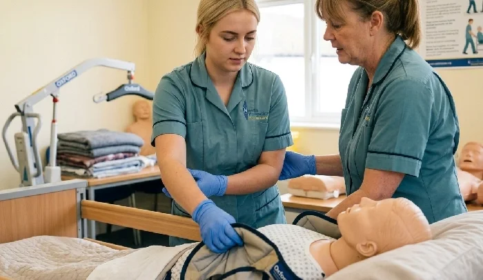 Two healthcare professionals practicing patient care skills with a medical mannequin in a clinical training room.