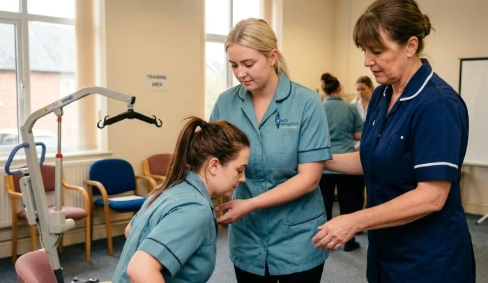 Two nurses assist a patient in a training room with physical therapy equipment.