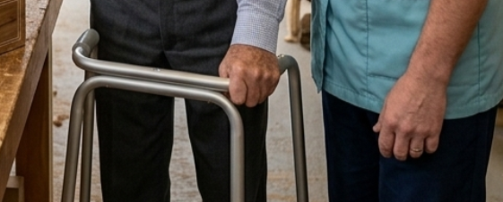 Close-up of two people, one using a walker, standing side by side indoors.