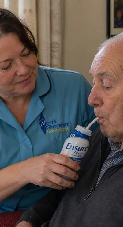 A caregiver helping an elderly man drink Ensure nutritional supplement.