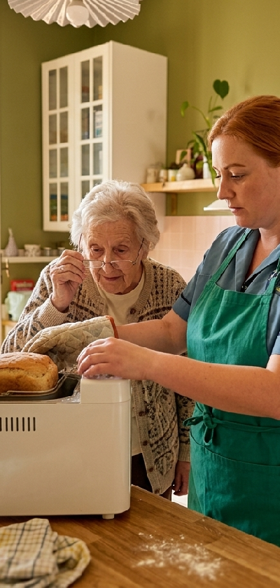 A young woman in an apron helping an elderly woman in a kitchen, with a loaf of bread on a tray, surrounded by kitchen cabinets and a plant.