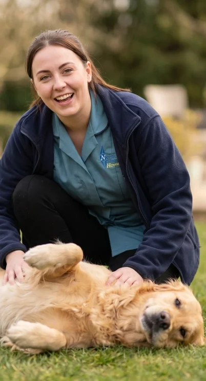 A young woman in a blue jacket and uniform playing with a golden retriever puppy outdoors in a park.