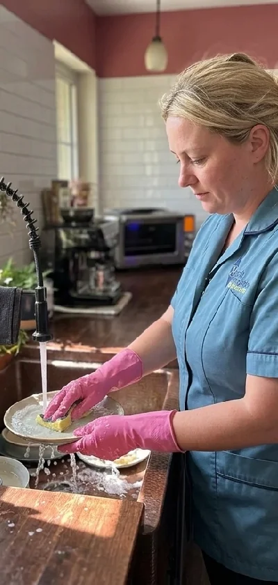 A woman wearing pink rubber gloves washing a dish in a kitchen sink with water running from the faucet.