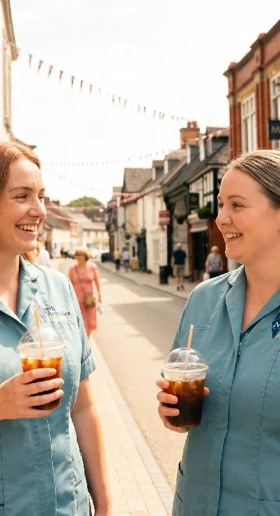 Two women in blue uniforms smiling and holding glasses of soda with ice and straws on a city street with shops and people in the background.